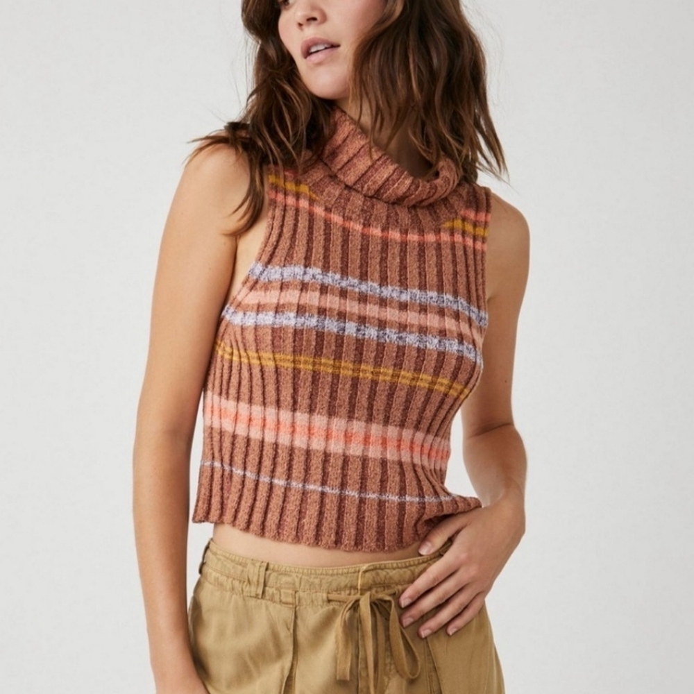 Free People Edith Sweater Vest Sz L Striped  Berry Petals Combo
